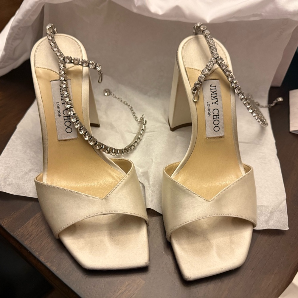 Jimmy Choo Ivory Satin Heels with Crystal Embellishments
